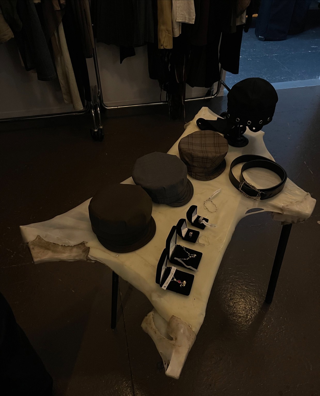 Independent designer hats, belts and jewellery displayed inside the LDF showroom during Montréal Fashion Week 2026.